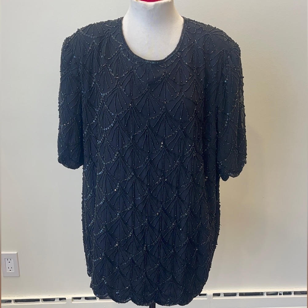 Michel Antoni  Woman’s Red Jewel Crew Neck Scalloped Beaded Top - Size 3x